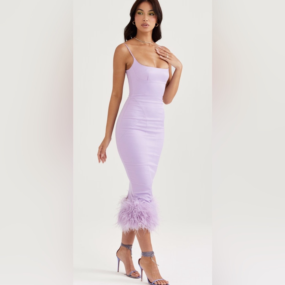 House of CB Lilac Feather-Trim Midi Dress - Picture 4 of 14